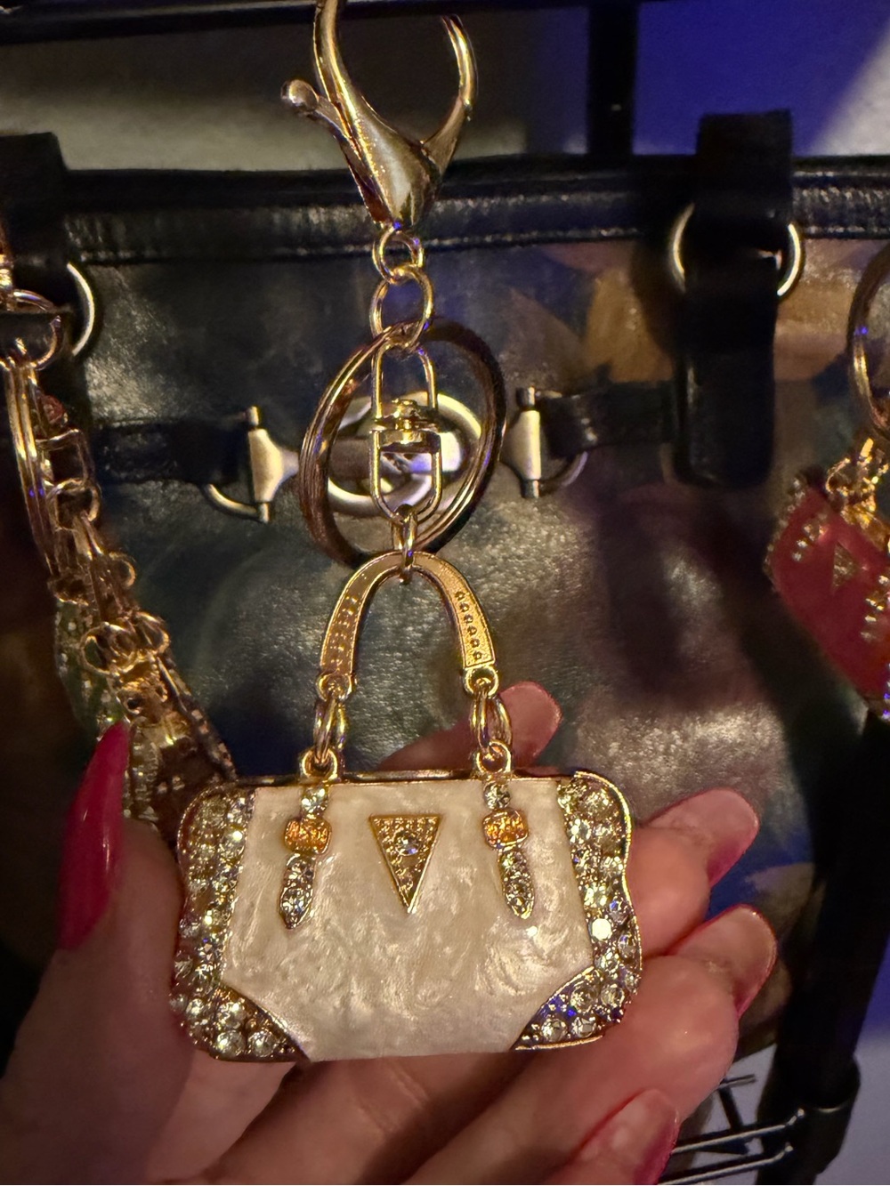 Crystal-Trim Mini Handbag Key & Card Holder in Pearl White
